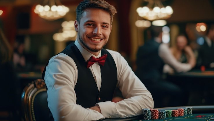 Dealer kaostogel di meja Lightning Roulette live sedang menutup periode taruhan